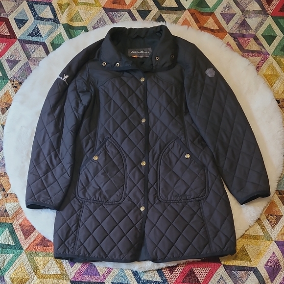 Eddie Bauer Black Quilted Outdoor Sport Shot Snap Button Field Jacket Medium - Picture 1 of 13